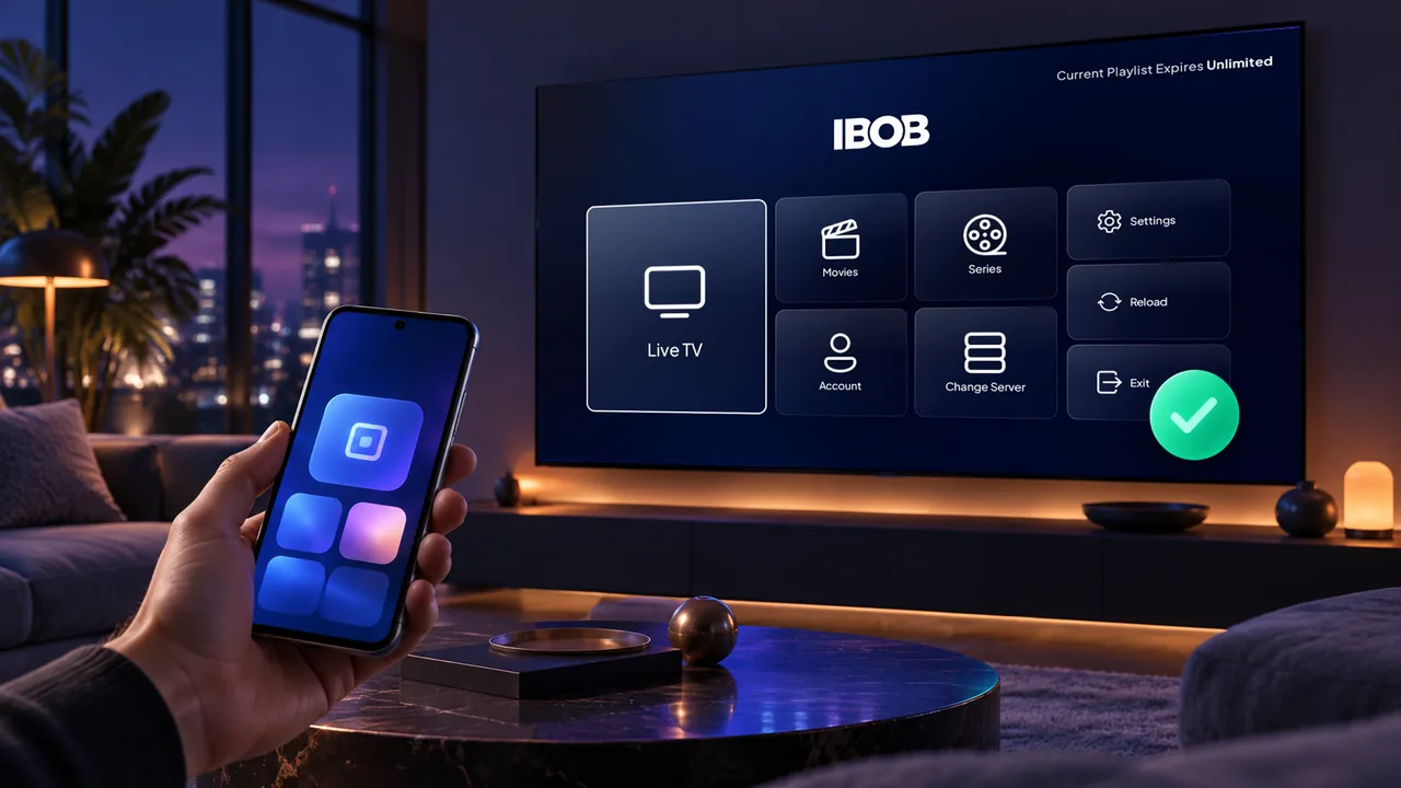 Smartphone in der Hand vor einem Fernseher, auf dem ein grünes Häkchen die erfolgreiche Aktivierung zeigt