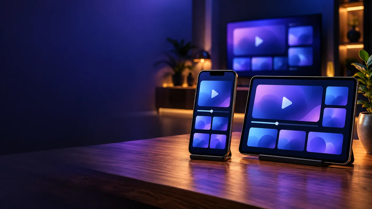 Smartphone und Tablet nebeneinander auf einem Schreibtisch mit Mediaplayer-Kacheln, im Hintergrund ein leuchtender Fernseher