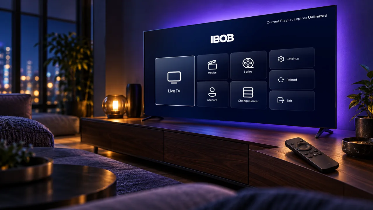 Smart-TV im abgedunkelten Wohnzimmer mit der Startseite eines Mediaplayers aus runden Kacheln