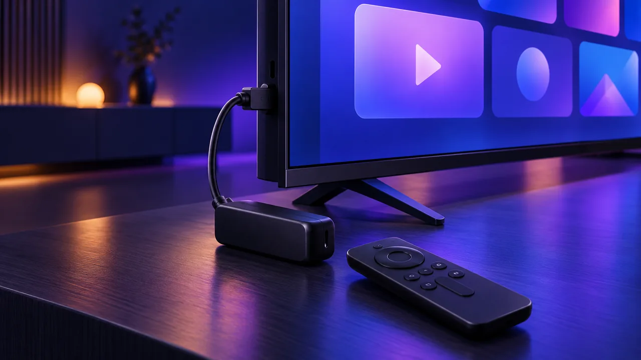 Kleiner HDMI-Streaming-Stick an einem Fernseher mit Fernbedienung im abgedunkelten Raum