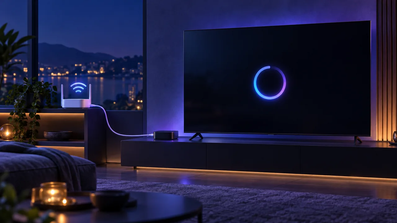 Fernseher mit leuchtendem Ladekreis und ein WLAN-Router mit Signalbögen auf einem Regal