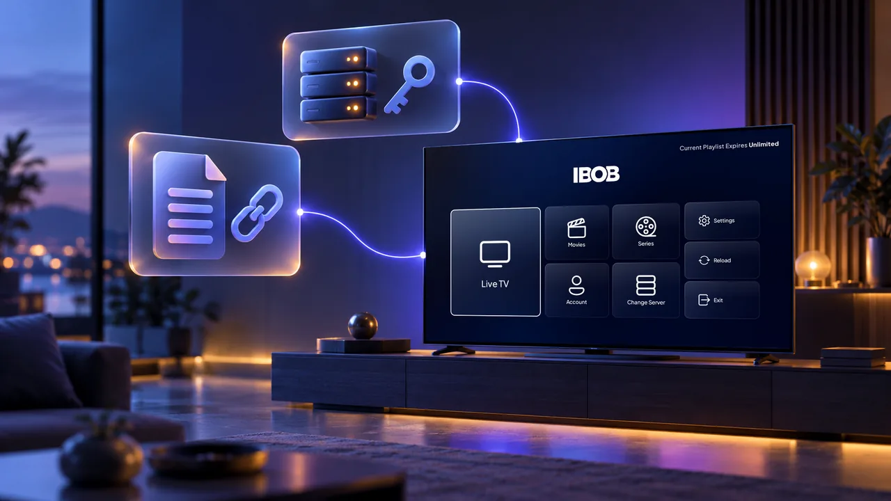 Zwei leuchtende Karten mit Playlist-Datei und Serverschlüssel, die zu einem Fernseher mit Mediakacheln führen